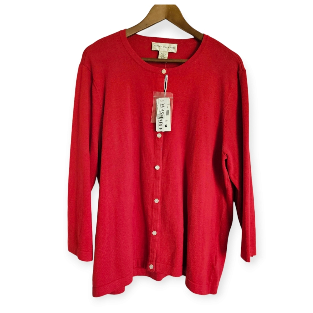 Evan-Picone Woman Lava Red Round Neck Cardigan Sweater Washable Size 1X